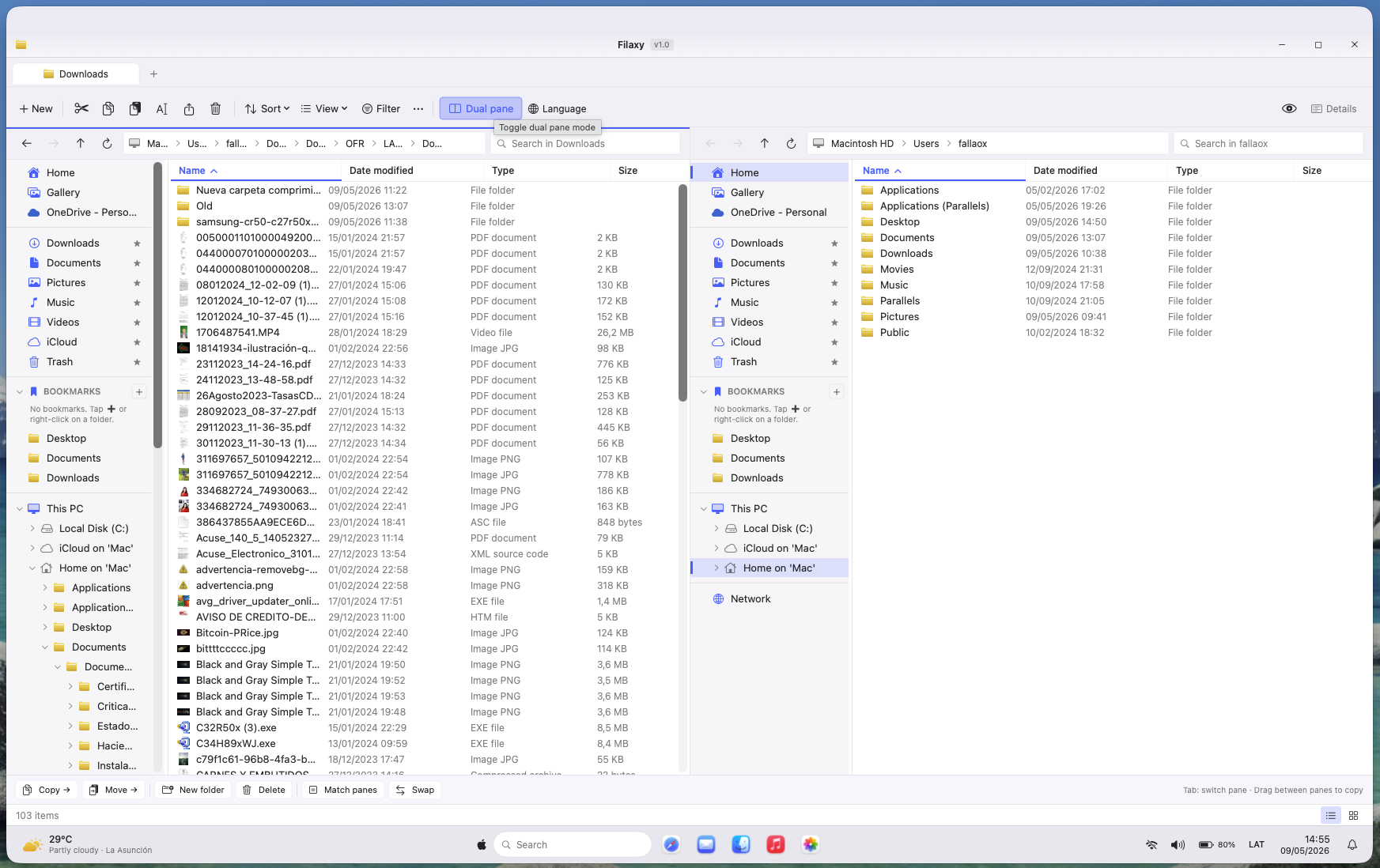Filaxy Files in dual-pane mode showing two folders side by side