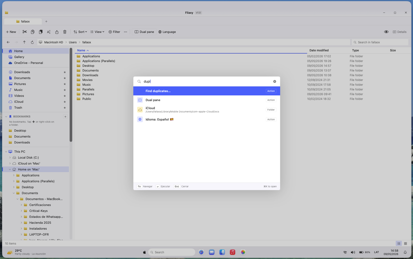 Command palette open in Filaxy Files