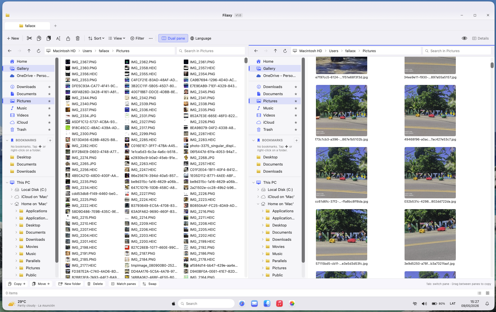 Filaxy Files showing Photos library with thumbnails on the right pane