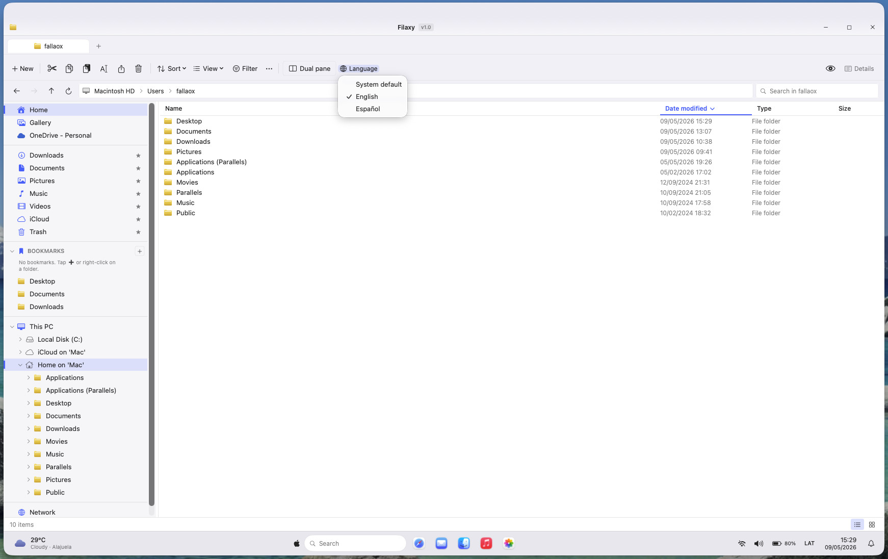 Language switcher dropdown in Filaxy Files